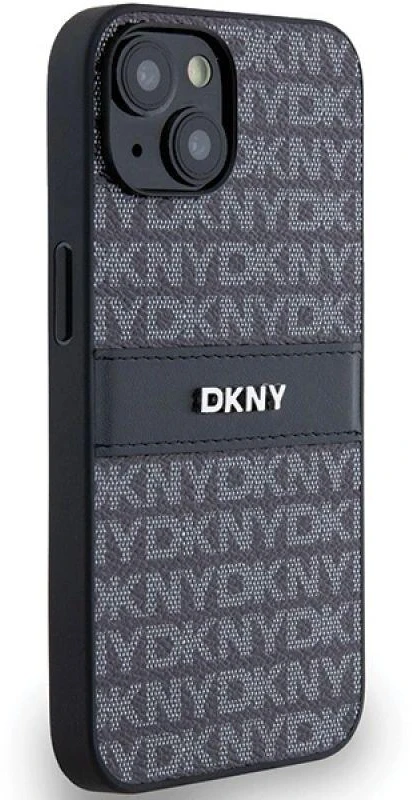 DKNY DKHCP15MPRTHSLK Apple iPhone 15 Plus 14 Plus 6.7″ juodos spalvos kietas dėklas Leather Mono Stripe & Metal Logo