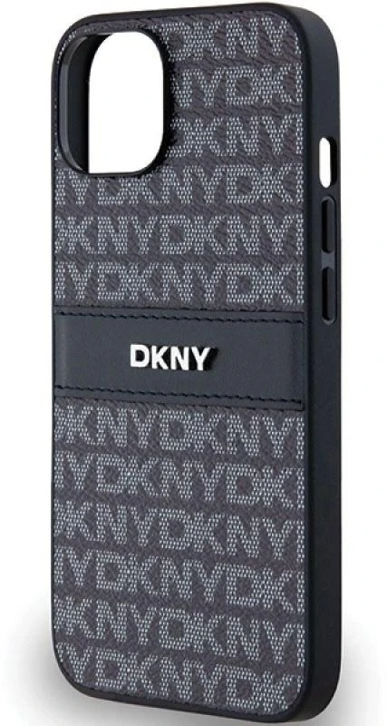 DKNY DKHCP15MPRTHSLK Apple iPhone 15 Plus 14 Plus 6.7″ juodos spalvos kietas dėklas Leather Mono Stripe & Metal Logo