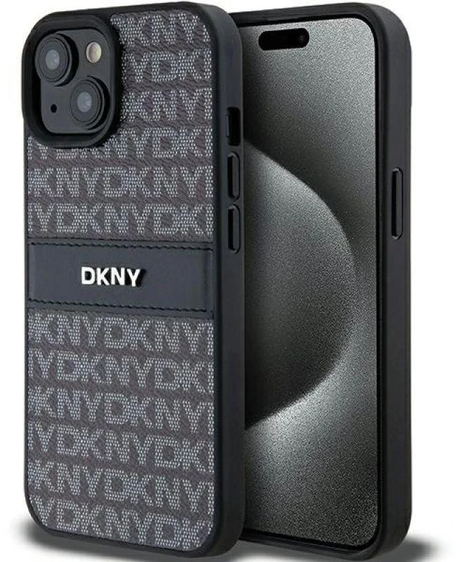 DKNY DKHCP15MPRTHSLK Apple iPhone 15 Plus 14 Plus 6.7″ juodos spalvos kietas dėklas Leather Mono Stripe & Metal Logo