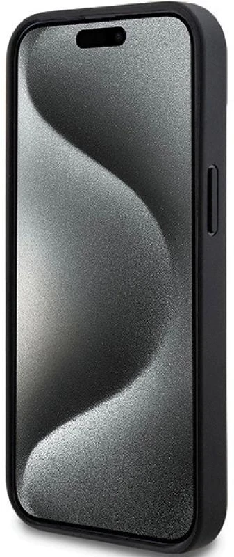 DKNY DKHCP15SPRTHSLK Apple iPhone 15 14 13 6.1″ juodos spalvos kietas dėklas Leather Mono Stripe & Metal Logo