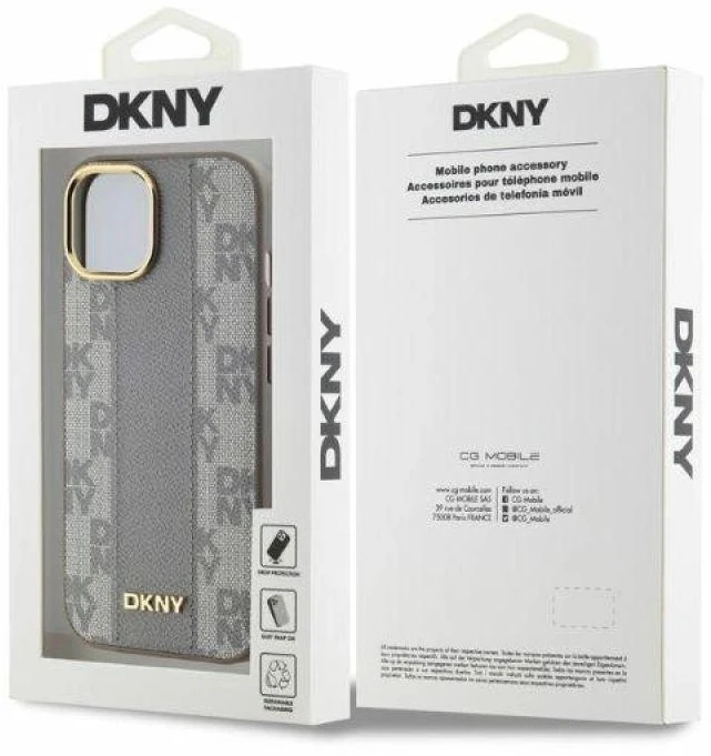 DKNY DKHMP14SPCPVSLE Apple iPhone 14 6.1″ beige kietas dėklas Leather Checkered Mono Pattern MagSafe