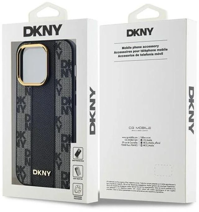 DKNY DKHMP14XPCPVSLK Apple iPhone 14 Pro Max 6.7″ juodos spalvos kietas dėklas Leather Checkered Mono Pattern MagSafe