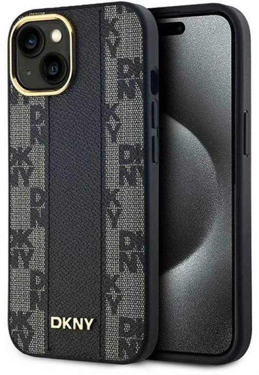 DKNY DKHMP14SPCPVSLK Apple iPhone 14 15 13 6.1″ juodos spalvos kietas dėklas Leather Checkered Mono Pattern MagSafe