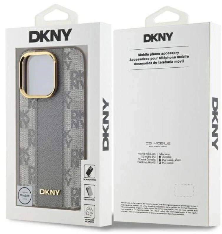 DKNY DKHMP14LPCPVSLE Apple iPhone 14 Pro 6.1″ beige kietas dėklas Leather Checkered Mono Pattern MagSafe