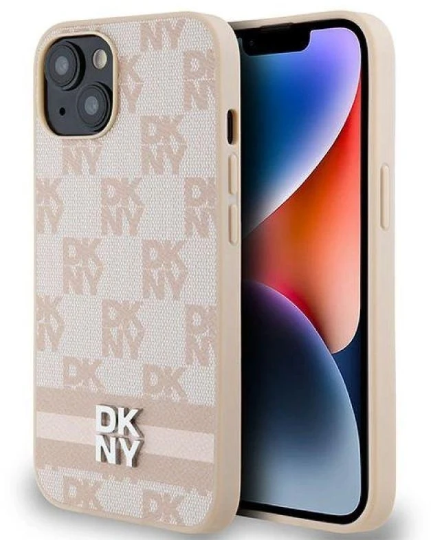 DKNY DKHCP15SPCPTSSP Apple iPhone 15 Plus 14 Plus 6.7 inch rožinės spalvos kietas dėklas Leather Checkered Mono Pattern