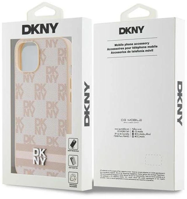 DKNY DKHCP15SPCPTSSP Apple iPhone 15 Plus 14 Plus 6.7 inch rožinės spalvos kietas dėklas Leather Checkered Mono Pattern