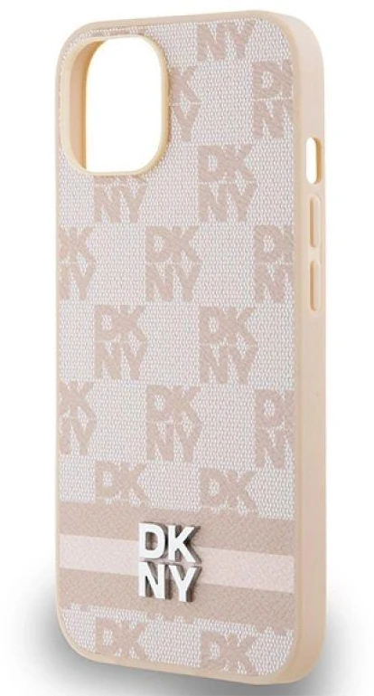 DKNY DKHCP15SPCPTSSP Apple iPhone 15 Plus 14 Plus 6.7 inch rožinės spalvos kietas dėklas Leather Checkered Mono Pattern