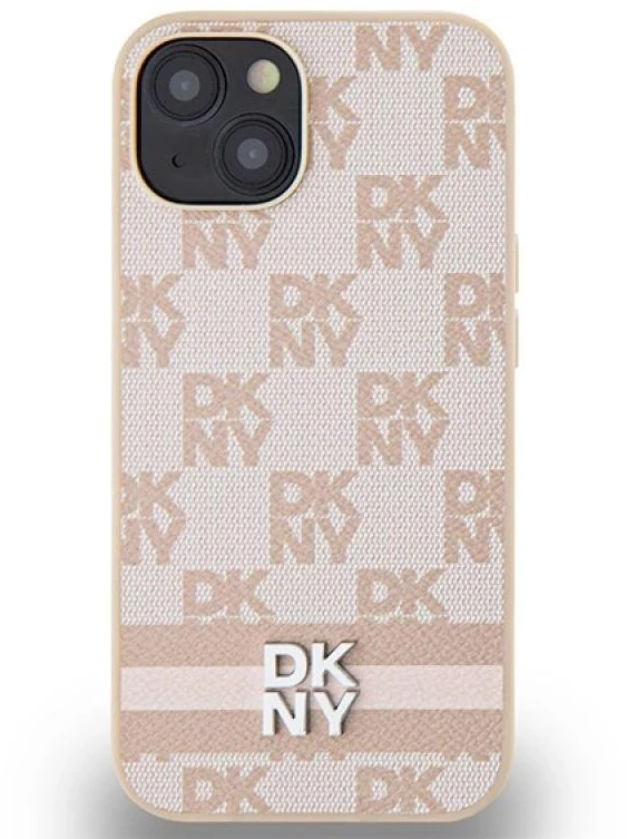 DKNY DKHCP15SPCPTSSP Apple iPhone 15 Plus 14 Plus 6.7 inch rožinės spalvos kietas dėklas Leather Checkered Mono Pattern