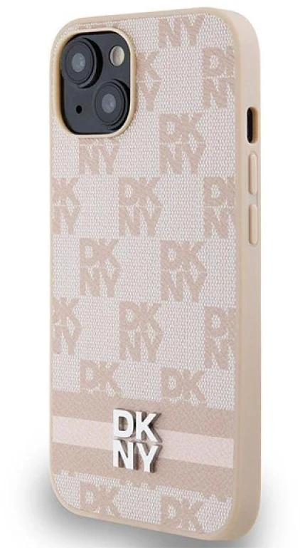 DKNY DKHCP15SPCPTSSP Apple iPhone 15 Plus 14 Plus 6.7 inch rožinės spalvos kietas dėklas Leather Checkered Mono Pattern