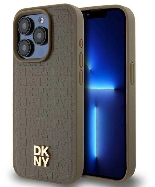 DKNY DKHMP14XPSHRPSW Apple iPhone 14 Pro Max 6.7″ rudos spalvos kietas dėklas Leather Pattern Metal Logo MagSafe