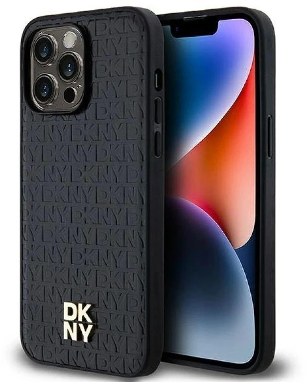 DKNY DKHMP14LPSHRPSK Apple iPhone 14 Pro 6.1 inch juodos spalvos kietas dėklas Leather Pattern Metal Logo MagSafe