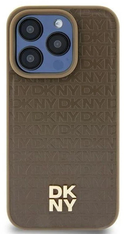DKNY DKHMP14SPSHRPSW Apple iPhone 14 15 13 6.1 inch rudos spalvos kietas dėklas Leather Pattern Metal Logo MagSafe