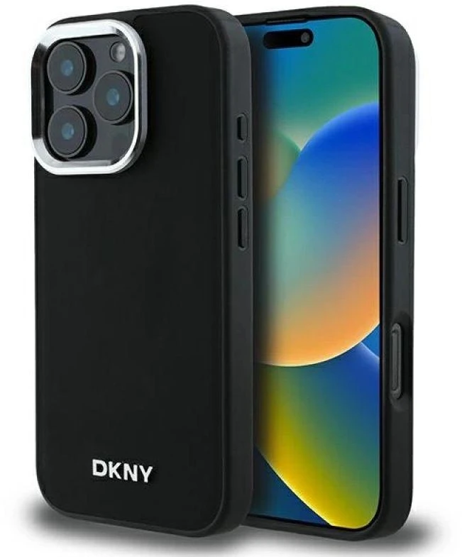 DKNY DKHMP16LPSCMCLK Apple iPhone 16 Pro 6.3″ juodos spalvos kietas dėklas Plain Sidabrinis Logo MagSafe