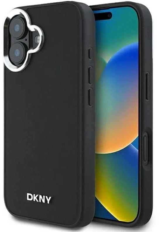 DKNY DKHMP16SPSCMCLK Apple iPhone 16 6.1″ juodos spalvos kietas dėklas Plain Sidabrinis Logo MagSafe