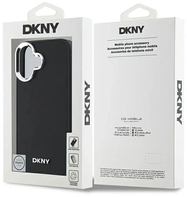 DKNY DKHMP16SPSCMCLK Apple iPhone 16 6.1″ juodos spalvos kietas dėklas Plain Sidabrinis Logo MagSafe
