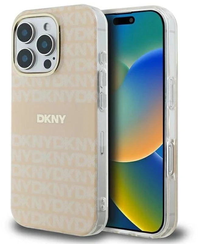 DKNY DKHMP16LHRHSEP iPhone 16 Pro 6.3″ rožinės spalvos kietas dėklas Repeat texture patern & Stripe MagSafe