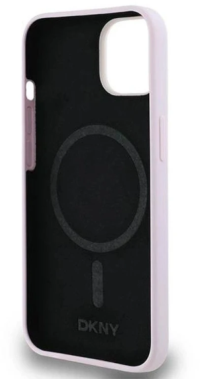 DKNY DKHMP14SSMCHLP Apple iPhone 14 15 13 6.1″ rožinės spalvos kietas dėklas Liquid Silicone Small Metal Logo MagSafe
