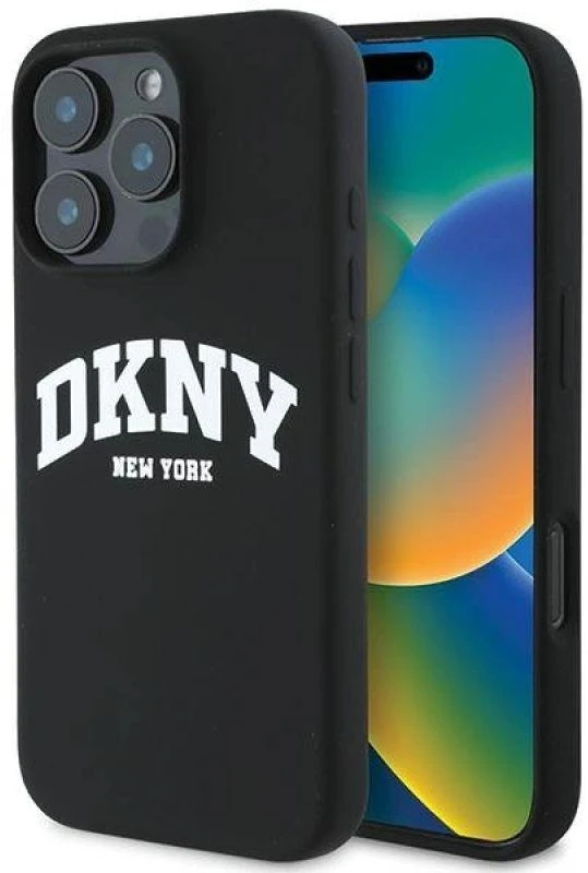 iPhone 16 Pro Max DKNY silikoninis baltas dėklas su atspausdintu logotipu ir MagSafe (DKHMP16XSNYACH) dėklas telefonui, juodos spalvos