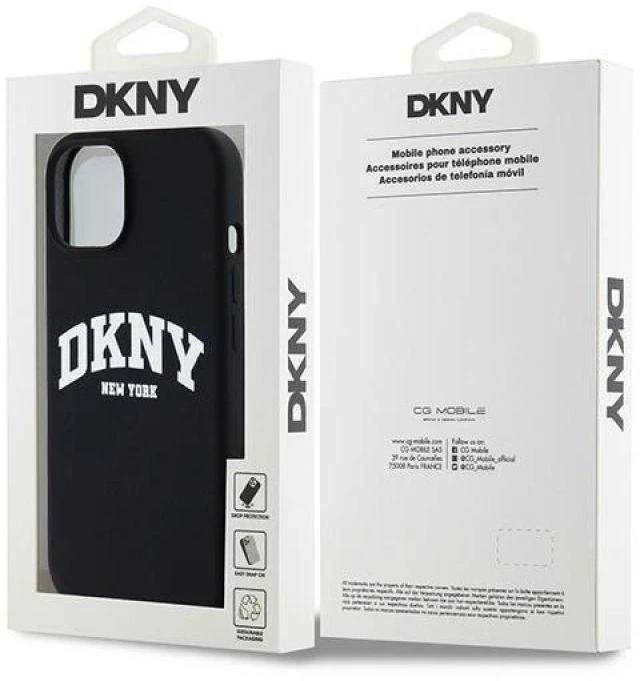 Apple iPhone 13 / 14 / 15 DKNY dėklas Liquid Silicone Baltas Printed Logo MagSafe (DKHMP15SSNYACH) juodos spalvos