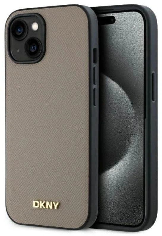 DKNY DKHMP15SPGHLME Apple iPhone 15 6.1″ beige kietas dėklas Grained Metal Logo MagSafe
