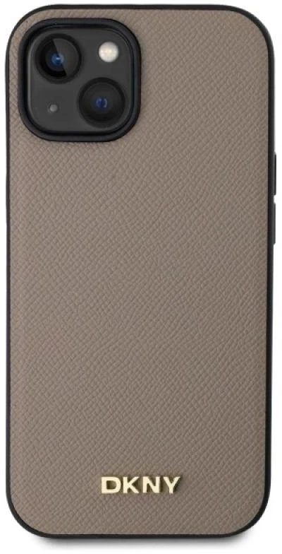 DKNY DKHMP15SPGHLME Apple iPhone 15 6.1″ beige kietas dėklas Grained Metal Logo MagSafe