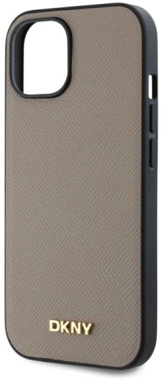 DKNY DKHMP15SPGHLME Apple iPhone 15 6.1″ beige kietas dėklas Grained Metal Logo MagSafe