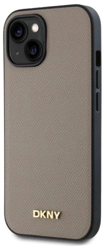 DKNY DKHMP15SPGHLME Apple iPhone 15 6.1″ beige kietas dėklas Grained Metal Logo MagSafe