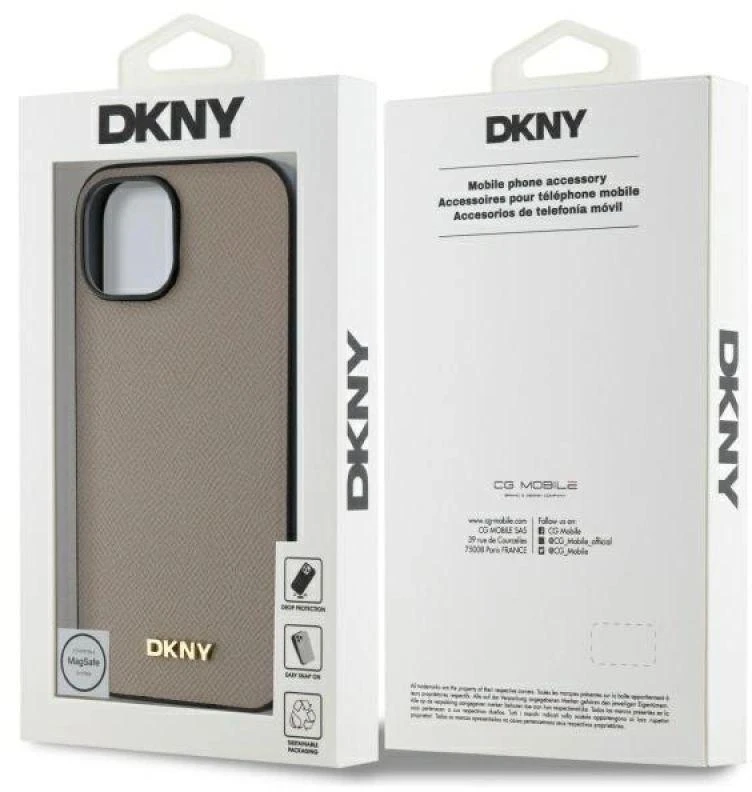 DKNY DKHMP15SPGHLME Apple iPhone 15 6.1″ beige kietas dėklas Grained Metal Logo MagSafe