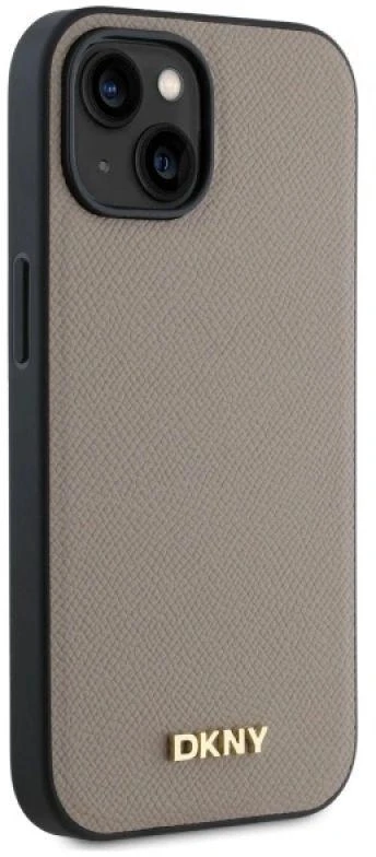 DKNY DKHMP15SPGHLME Apple iPhone 15 6.1″ beige kietas dėklas Grained Metal Logo MagSafe