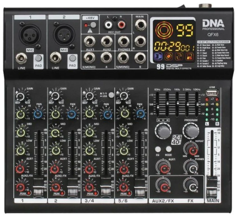 Dna Professional DNA QFX6 analoginis garso maišytuvas, 6 kanalų, „Bluetooth“