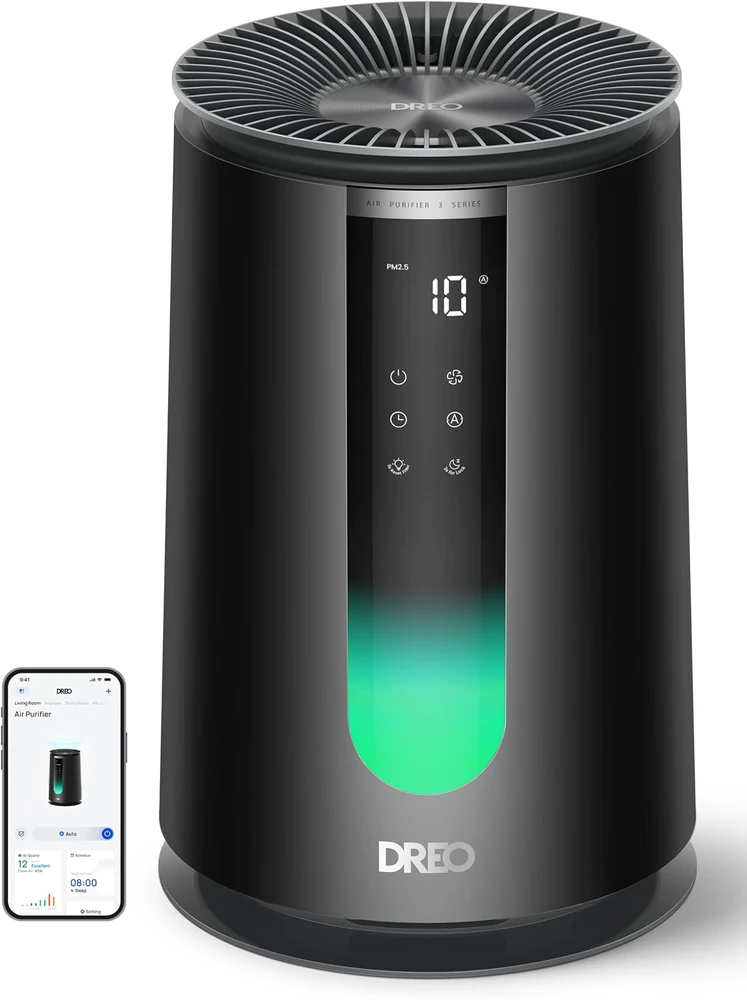 DREO oro valytuvas miegamajam su HEPA filtru, 195 m³/h CADR, Wi-Fi, DR-HAP008S Juodas