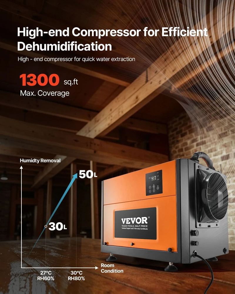 VEVOR 50 Litrų Komercinis Oro Sausintuvas, Didelio Našumo Rūsiui, Po Grindimis, Sandėliavimo Patalpoms, Pramoninis su Žarna, Automatinis Atitirpinimas
