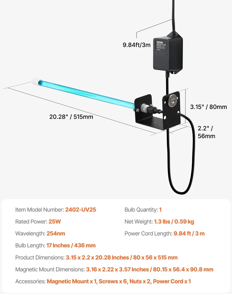 VEVOR 25W UV oro valytuvas su magnetu