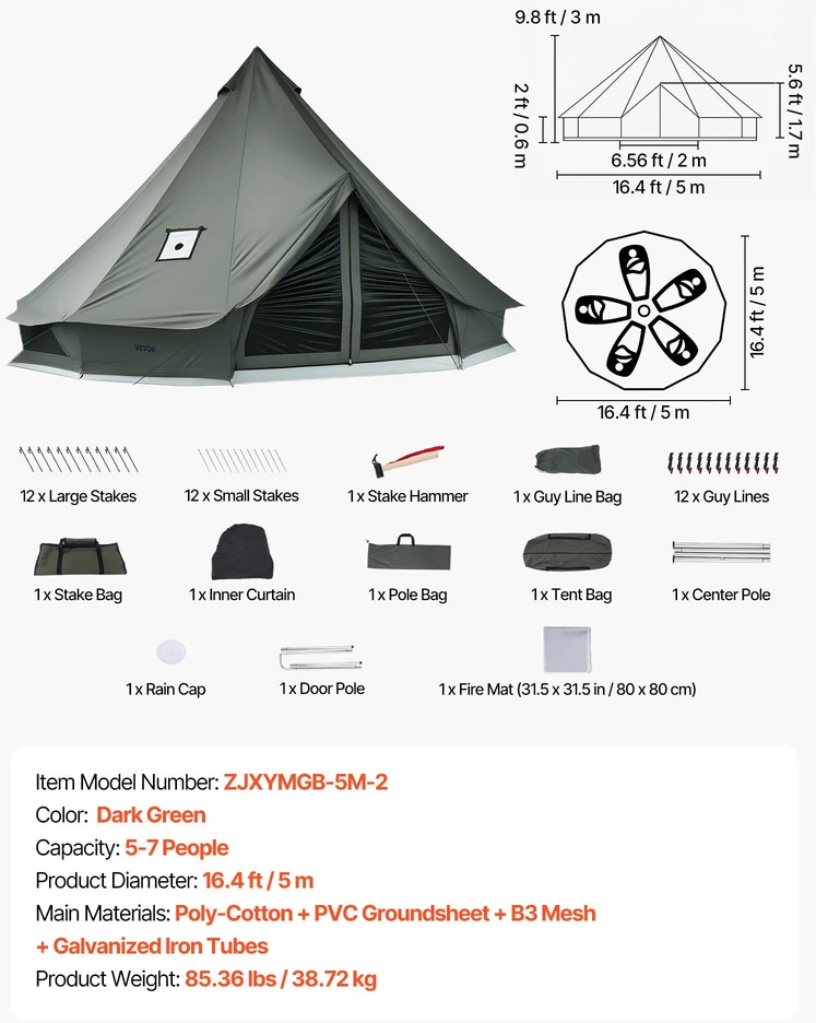 Drobėinė palapinė VEVOR ZJXYMGB-5M-2, 5 m skersmens