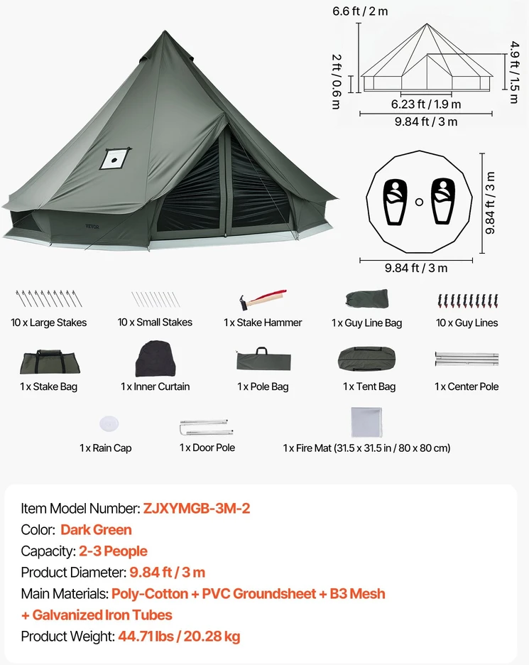 Drobės palapinė VEVOR ZJXYMGB-3M-2, 3 m skersmens