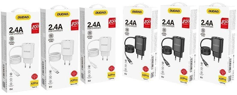 Dudao įkroviklis 2x USB su įmontuotu 12W Lightning kabeliu juodas (A2ProL juodas)