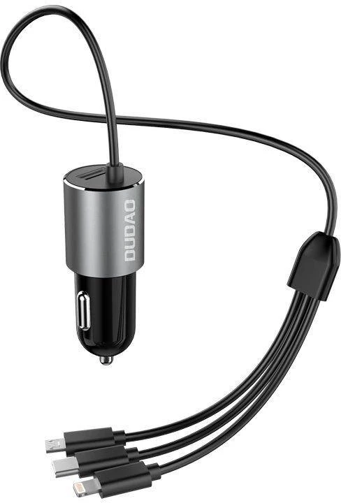 Dudao R5Pro 1x USB, 3.4A automobilinis įkroviklis + 3in1 USB-C / Micro USB / Lightning kabelis (pilkas)