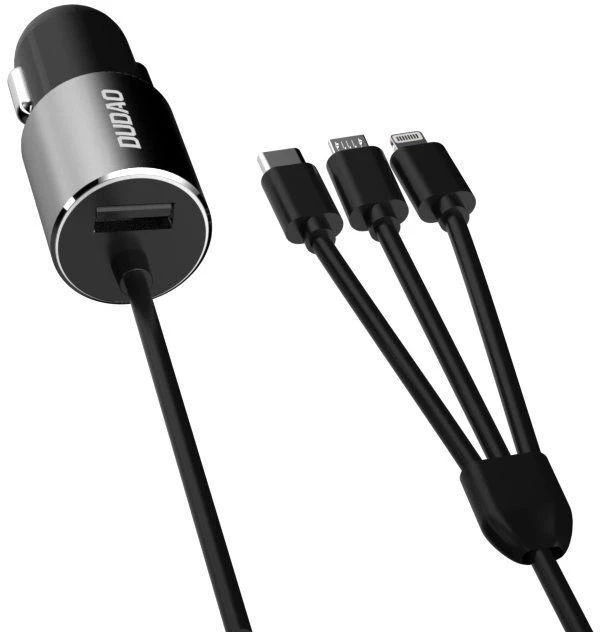 Dudao R5Pro 1x USB, 3.4A automobilinis įkroviklis + 3in1 USB-C / Micro USB / Lightning kabelis (pilkas)