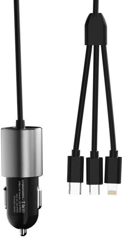 Dudao R5Pro 1x USB, 3.4A automobilinis įkroviklis + 3in1 USB-C / Micro USB / Lightning kabelis (pilkas)