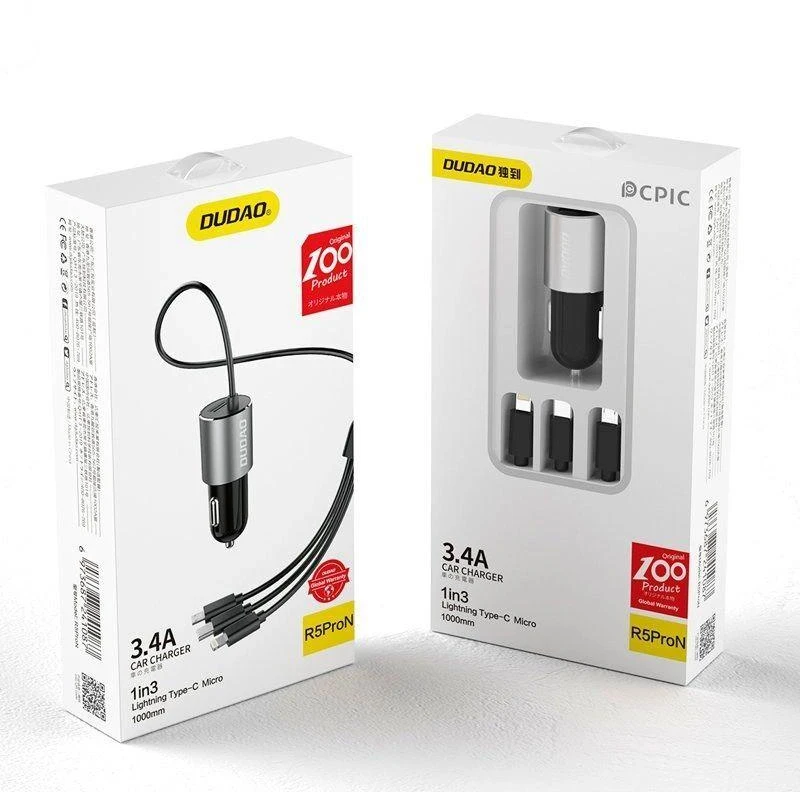 Dudao R5Pro 1x USB, 3.4A automobilinis įkroviklis + 3in1 USB-C / Micro USB / Lightning kabelis (pilkas)