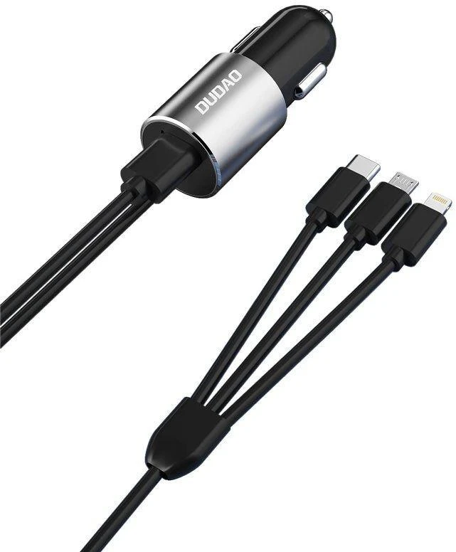 Dudao R5Pro 1x USB, 3.4A automobilinis įkroviklis + 3in1 USB-C / Micro USB / Lightning kabelis (pilkas)