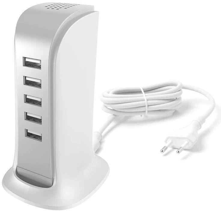 Dudao 5x USB įkroviklis su integruotu ES maitinimo laidu, baltas (A5EU)
