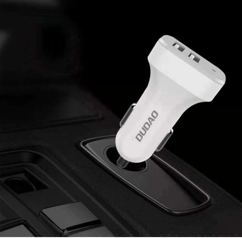 Įkroviklis automobilinis Dudao R7 (2xUSB; 2.4A) + 3in1 laidas lightning+micro+type-C baltas