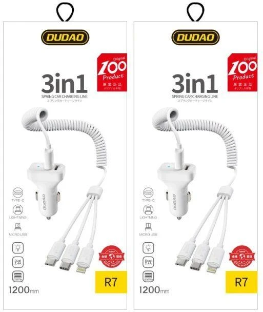 Įkroviklis automobilinis Dudao R7 (2xUSB; 2.4A) + 3in1 laidas lightning+micro+type-C baltas