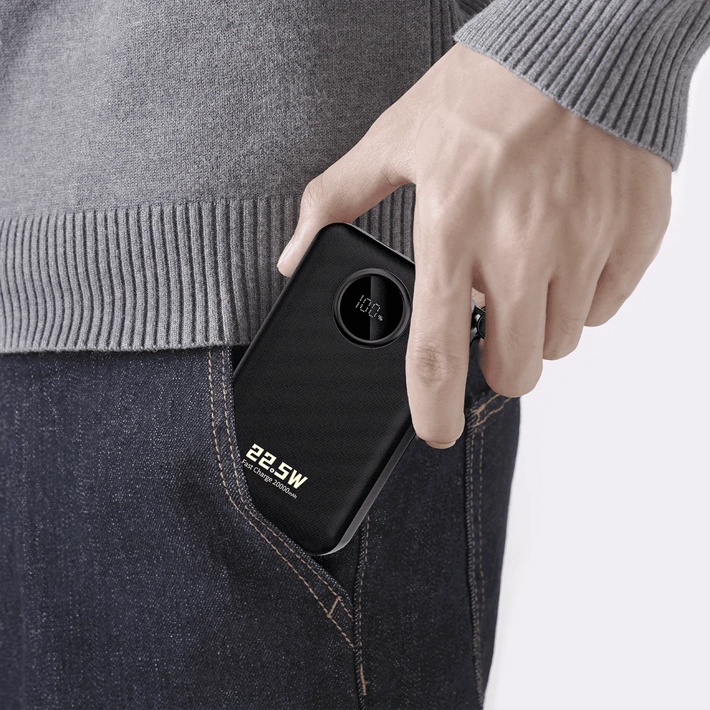 Dudao K14+ išorinė baterija 20000mAh 22.5W USB-C / USB-A / integruoti „Lightning“ ir USB-C laidai – juoda