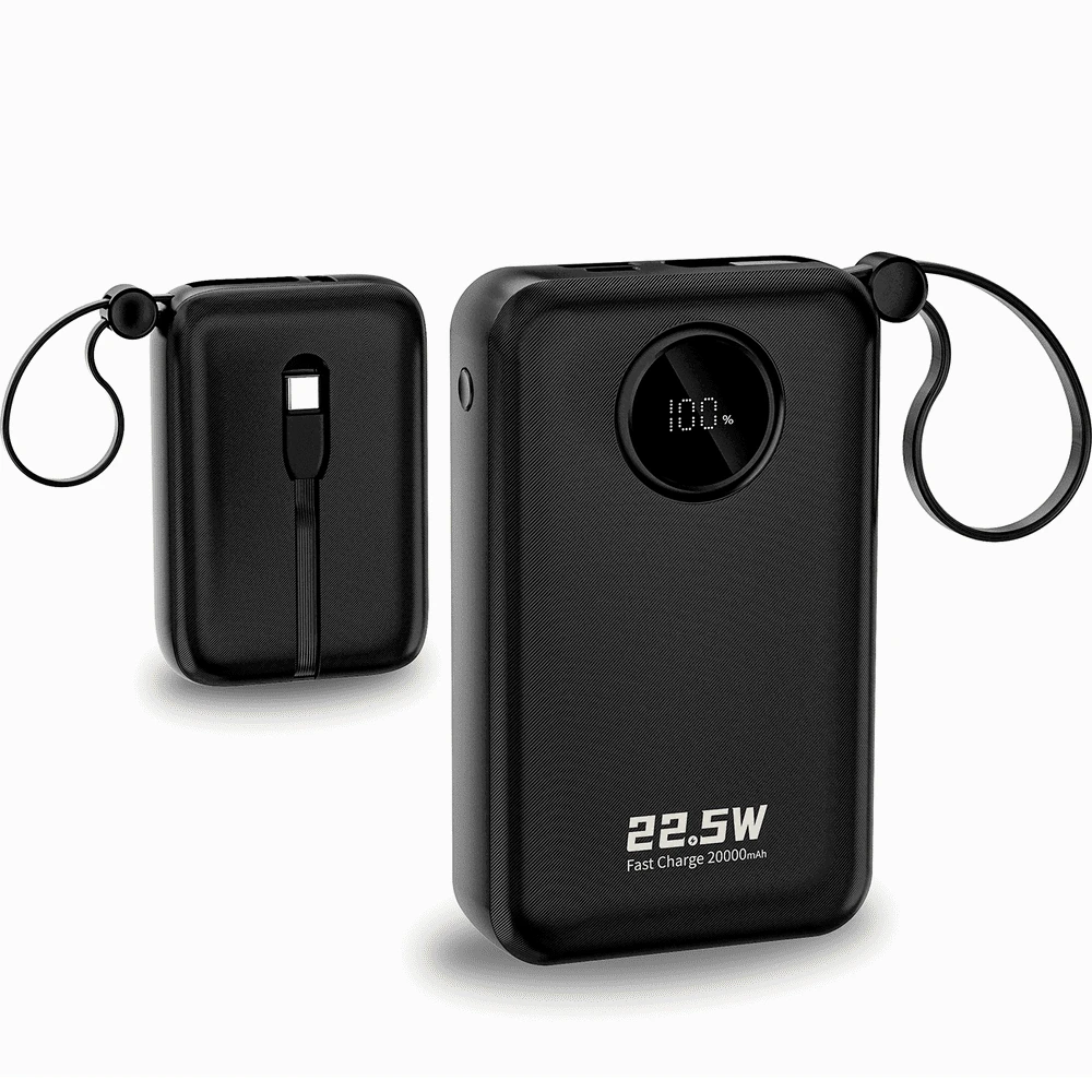 Dudao K14+ išorinė baterija 20000mAh 22.5W USB-C / USB-A / integruoti „Lightning“ ir USB-C laidai – juoda