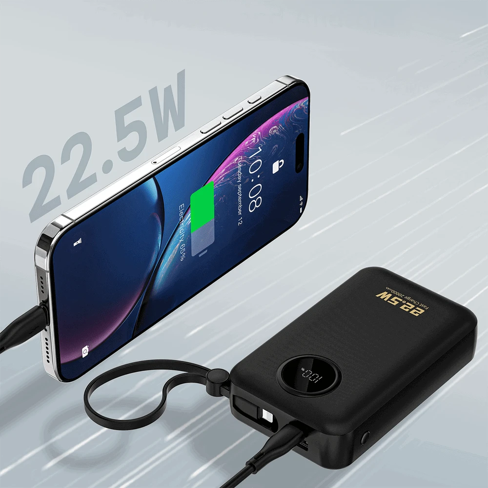 Dudao K14+ išorinė baterija 20000mAh 22.5W USB-C / USB-A / integruoti „Lightning“ ir USB-C laidai – juoda