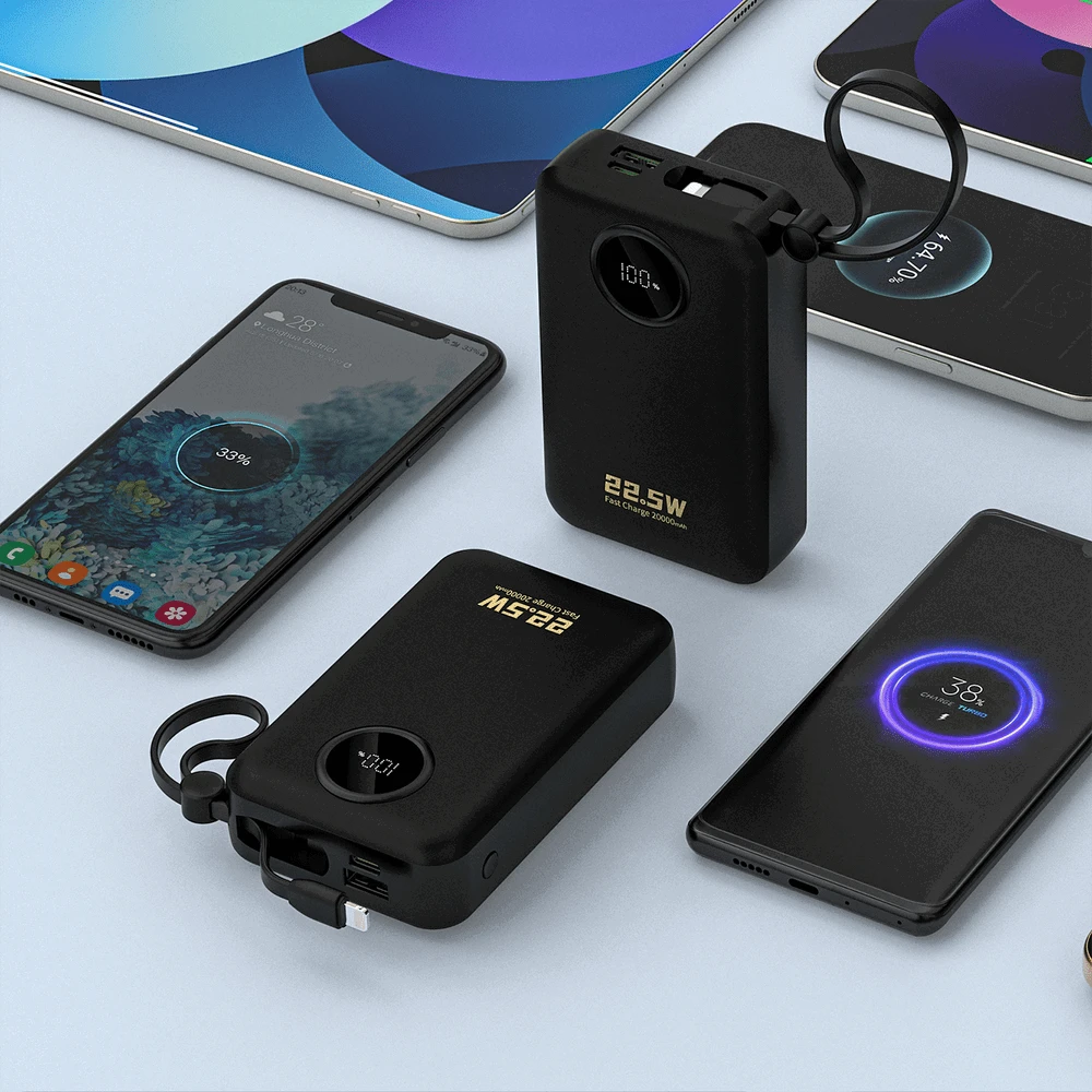 Dudao K14+ išorinė baterija 20000mAh 22.5W USB-C / USB-A / integruoti „Lightning“ ir USB-C laidai – juoda
