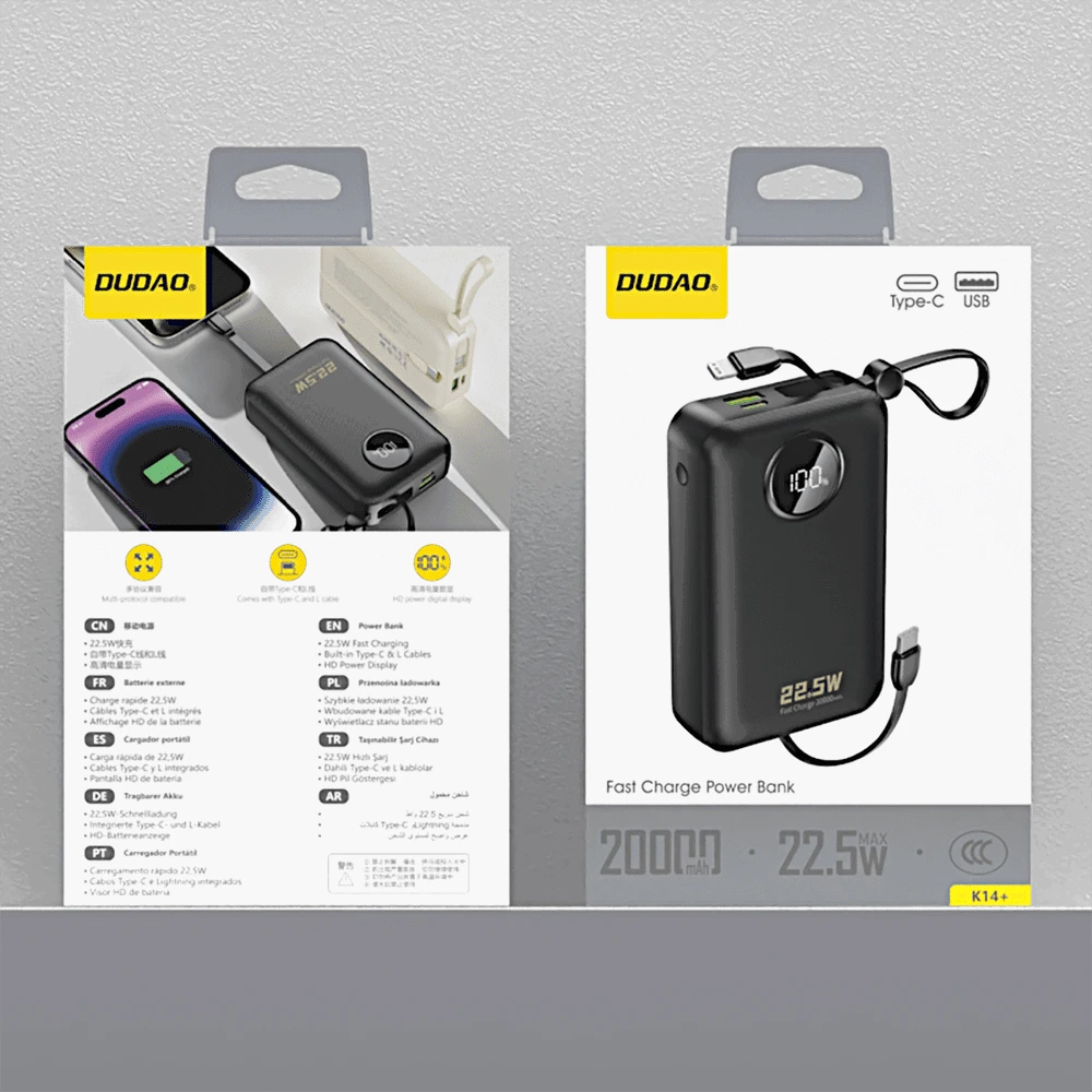Dudao K14+ išorinė baterija 20000mAh 22.5W USB-C / USB-A / integruoti „Lightning“ ir USB-C laidai – juoda