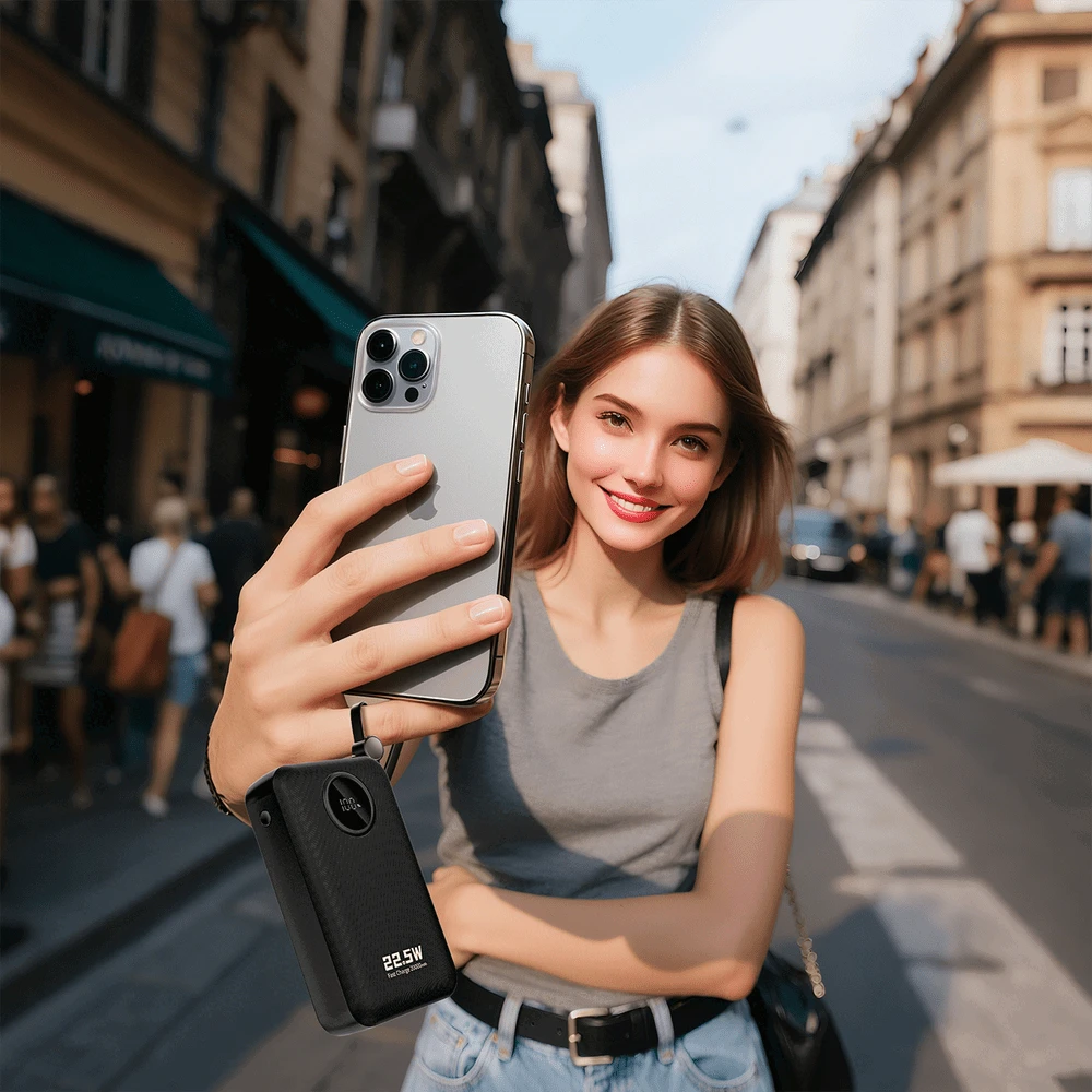 Dudao K14+ išorinė baterija 20000mAh 22.5W USB-C / USB-A / integruoti „Lightning“ ir USB-C laidai – juoda